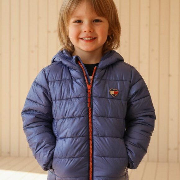 Tommy Hilfiger Kids XS Hooded Puffer Jacket Periwinkle Quilted Heart Logo - Picture 1 of 5